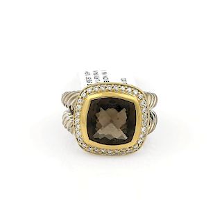 David Yurman Sterling Silver & 18K Yellow Gold Smoky Quartz Albion Diamond Ring - No Reserve