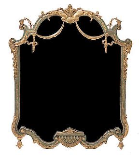 A Neoclassical Painted and Parcel Gilt Over Mantel Mirror, Height 44 x width 36 1/4 inches.