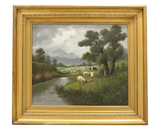M Zampella Italian Oil Painting of Sheep by Stream