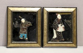 Pair of Oriental Mother of Pearl Inlay Plaques 8 1/4" x 7"