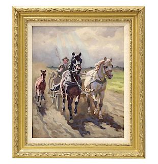 Benyovszky Horse and Carriage Oil on Canvas Painting