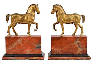 19th Ct. Pr. Gilt Bronze Horses on Faux Marble Plinths