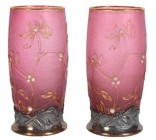 Pair of Daum Nancy Silver Mounted Cameo Vases