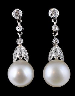 Platinum, Diamond & Pearl Drop Earrings
