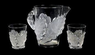A Lalique Molded and Frosted Glass Lemonade Set, Height of first 8 1/2 inches.