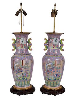 Pr. Large Chinese Enameled Lamps