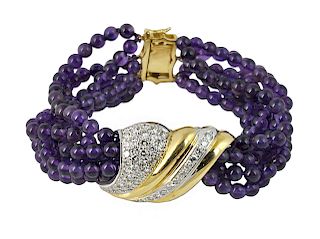 18Kt YG Diamond & Amethyst 6 Strand Bracelet
