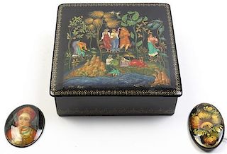 Three Russian Lacquered Articles, Width of box 5 inches.