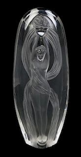 A Lalique Molded and Frosted Glass Vase, Height 14 inches.