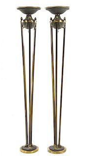A Pair of Neoclassical Style Gilt Metal and Steel Torchieres, Height 71 inches.