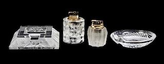 An Assembled Lalique Molded and Frosted Glass Smoking Set, Width of widest 6 inches.