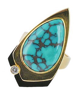 Turquoise, Onyx & Diamond 14Kt YG Ring