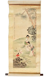 Vintage Chinese Scroll of Woman & Children