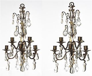 A Pair of Continental Five-Light Brass Sconces, Height 24 1/2 inches