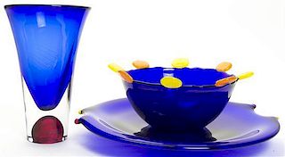Three Contemporary Cobalt Studio Glass Articles, Height of tallest 10 1/4 inches.