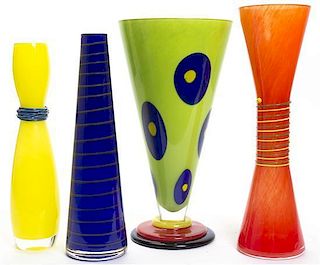 A Collection of Four Czechoslovakian Glass Vases, Height of tallest 15 inches.