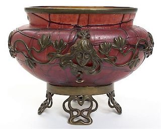 An Art Nouveau Gilt Metal Mounted Iridescent Glass Vase, Width 9 1/2 inches