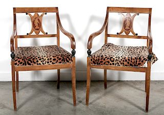 Pair of Empire Style Inlaid Upholstered Armchairs