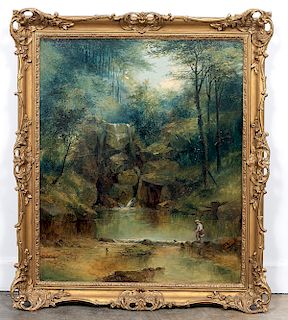 19th C. English School Landscape with Waterfall