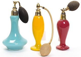 Three Blown Glass Perfume Bottles with Atomizers, Height of tallest 6 3/4 inches.