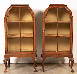 Pair of Burled Wood Glass Front Small Cabinets