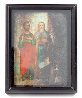 Russian Wood Icon, c. 1830, "Three Saints"