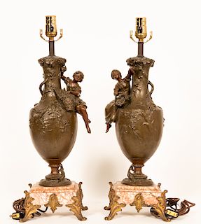 Pair, Bronze Patinated Metal Urn Form Table Lamps