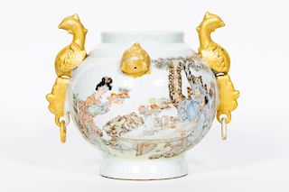 Chinese Figural Painted Vase w/ Phoenix Handles