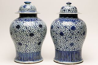 Pair of Chinese Blue & White Lidded Temple Jars