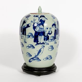 Chinese Blue & White Figural Motif Jar on Stand