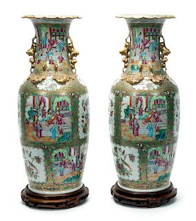 Pair of Chinese Rose Medallion Vases on Stands