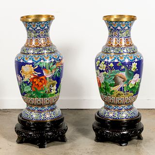 Pair, Large Fine Cloisonne Palace Vases on Stands
