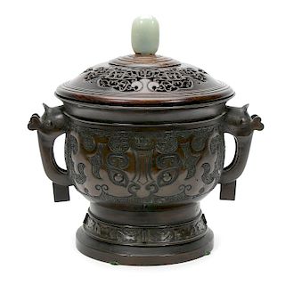19th Chinese Bronze Censer with Jade Finial