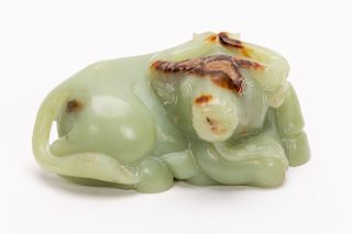 Chinese Green & Russet Jade Carved Water Buffalo