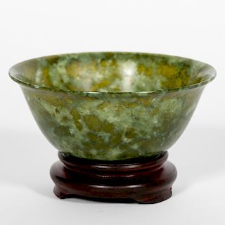 Chinese Spinach Jade Bowl on Wooden Stand