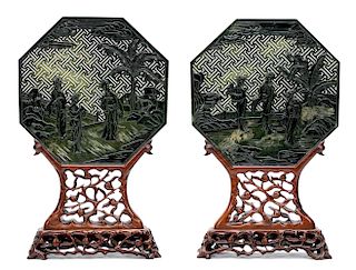 Pair, Chinese Green Jade Panel Table Screens