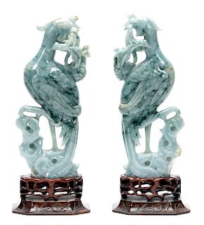 Pair, Chinese Carved Serpentine Phoenix Sculptures