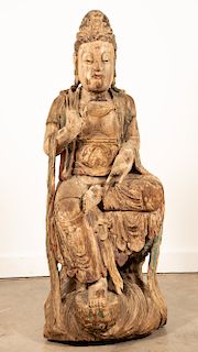 19th C. Chinese Polychrome Wood Goddess of Wisdom