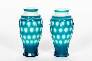 Pair, Chinese Peking Honeycomb Blue & White Vases