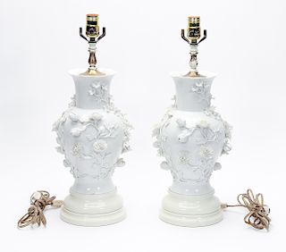 Pair, Blanc de Chine Floral Motif Vase Lamps
