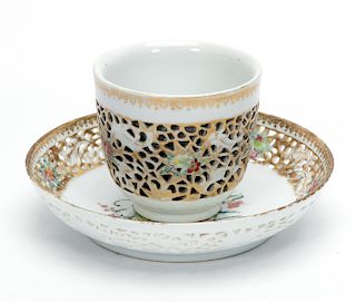 Chinese Export Reticulated Teacup & Underbowl
