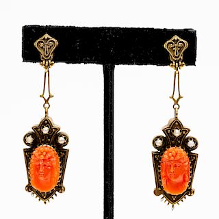 Pair, Victorian Gold Cameo & Pearl Earrings