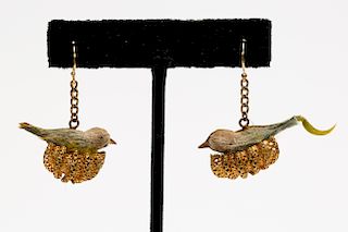 Pair, Gold & Bird in Nest Motif Earrings