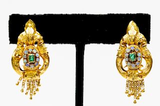 Pair, 20K Gold, Opal, & Emerald Earrings