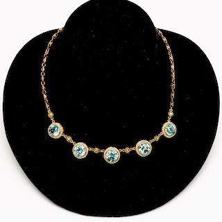 10k Gold, Blue Zircon, & Seeded Pearl Necklace