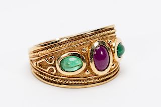 14k Yellow Gold, Ruby, & Emerald Ring "Etruscan"