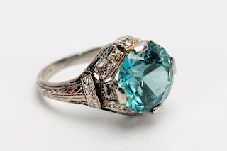 Platinum, Blue Zircon, & Diamond Ring