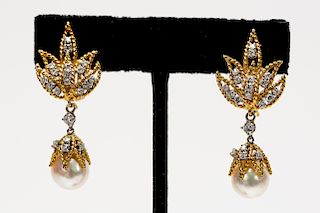 Vintage Erwin Pearl Gold Earrings w/ Pearl Drops