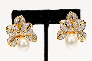 Pair, 18K Gold Earrings w/ Pearls & Diamonds