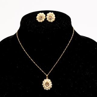 14k Gold & Pearl Two PC Set, Earrings & Necklace